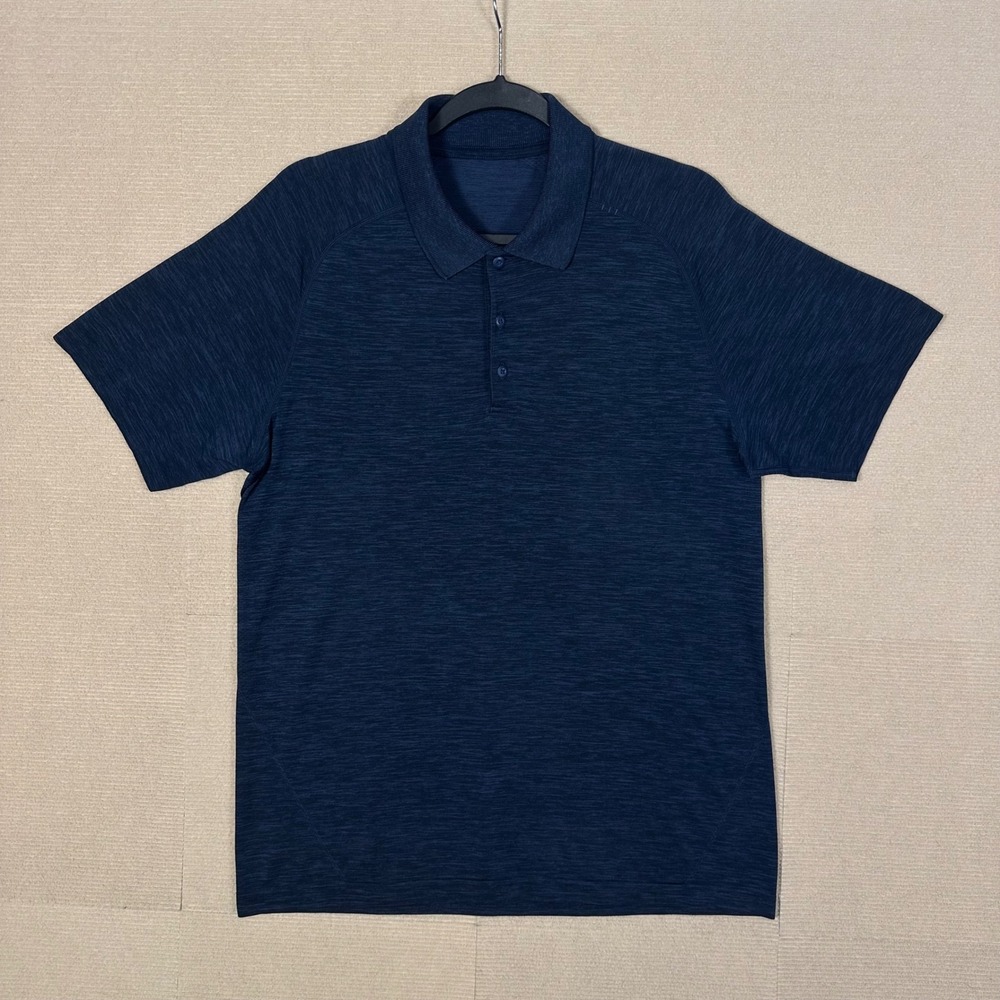 Lululemon Metal Vent Tech Polo Men Large Blue Heathered Short Sleeve Performance